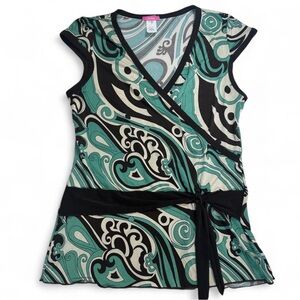 Y2K Fairycore Whimsy Wrap Top USA Made Teal and Brown Tie Waist Blouse